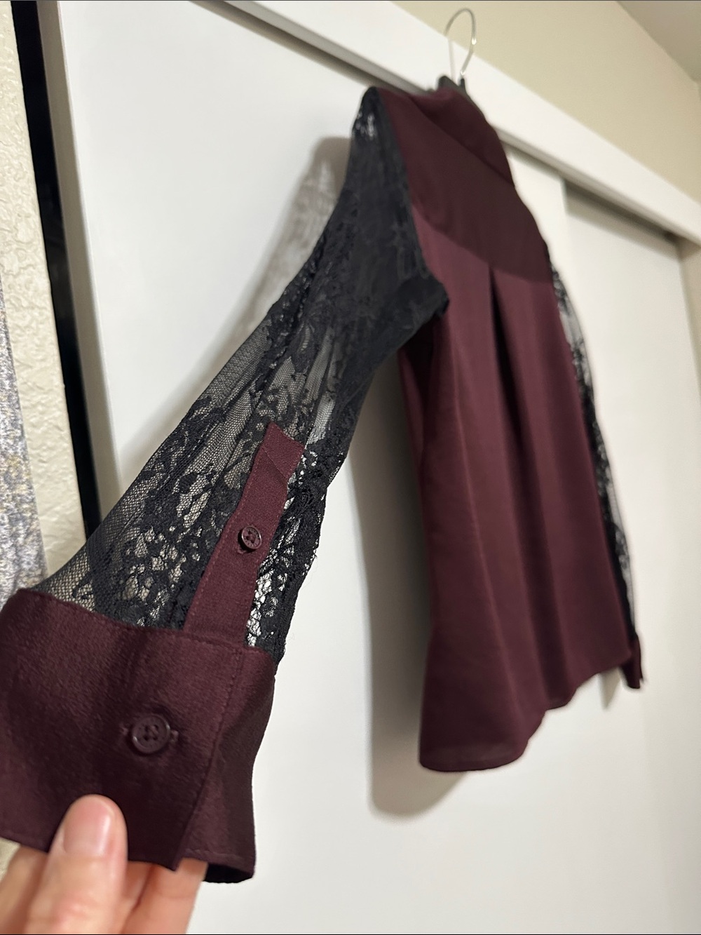 Lush Wine Button-Up Top with Black Lace Sleeves - Picture 3 of 3